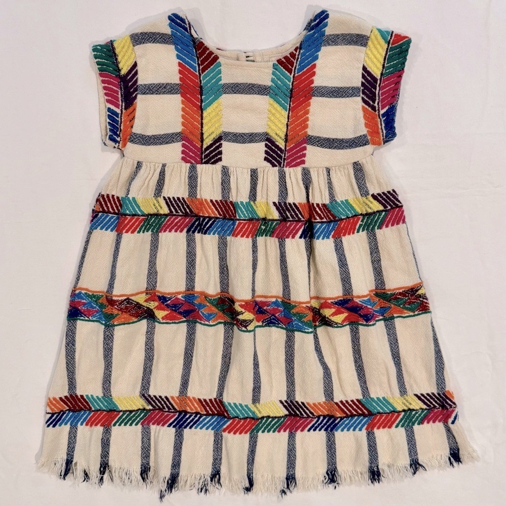 Pink Chicken Suri Dress Girls 4 4T Multicolor Embroidery Striped Cotton Canvas